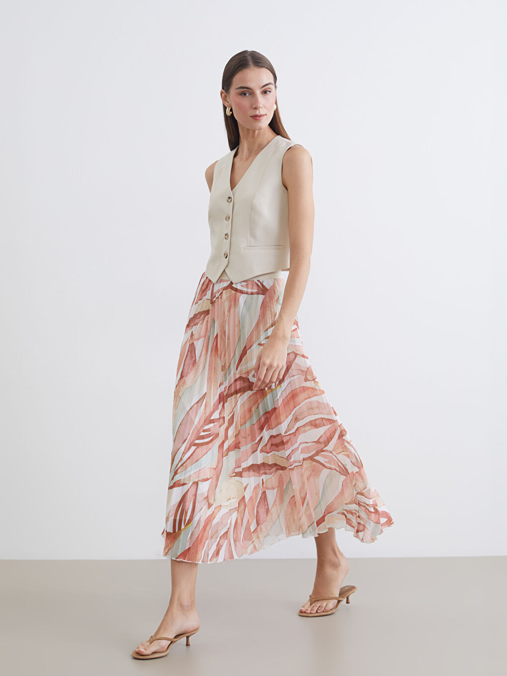 Elastic Waist Patterned Pleated Chiffon Skirt