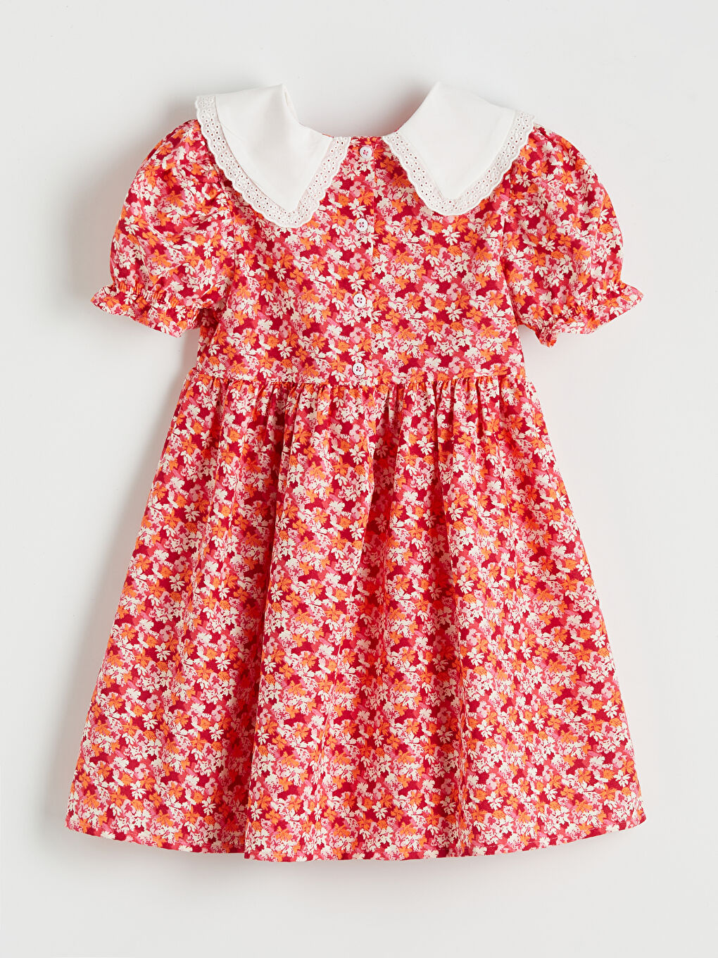 Mercan Baskılı Keten Görünümlü Kız Çocuk Elbise-1