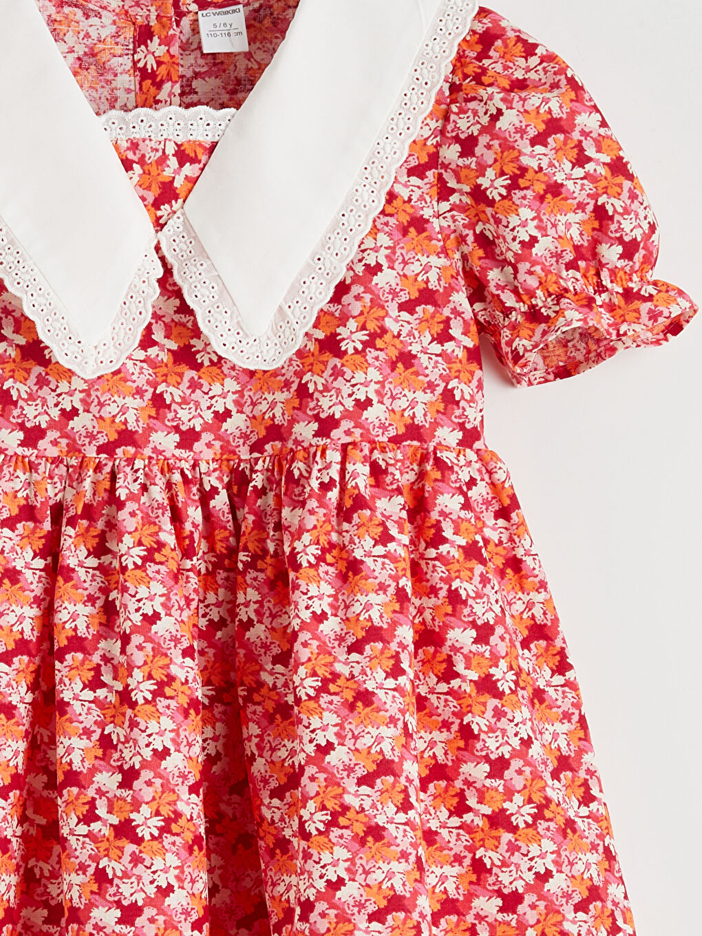 Mercan Baskılı Keten Görünümlü Kız Çocuk Elbise-2