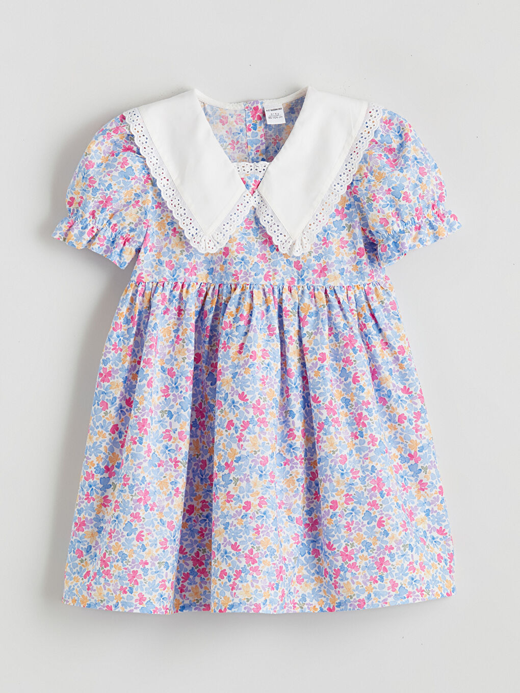 Ekru Baskılı Keten Görünümlü Kız Çocuk Elbise