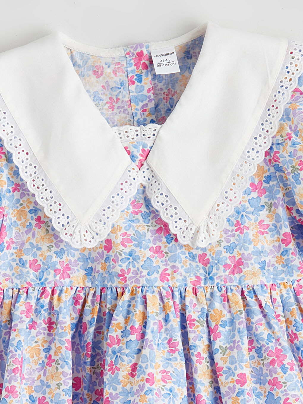 Ekru Baskılı Keten Görünümlü Kız Çocuk Elbise-1