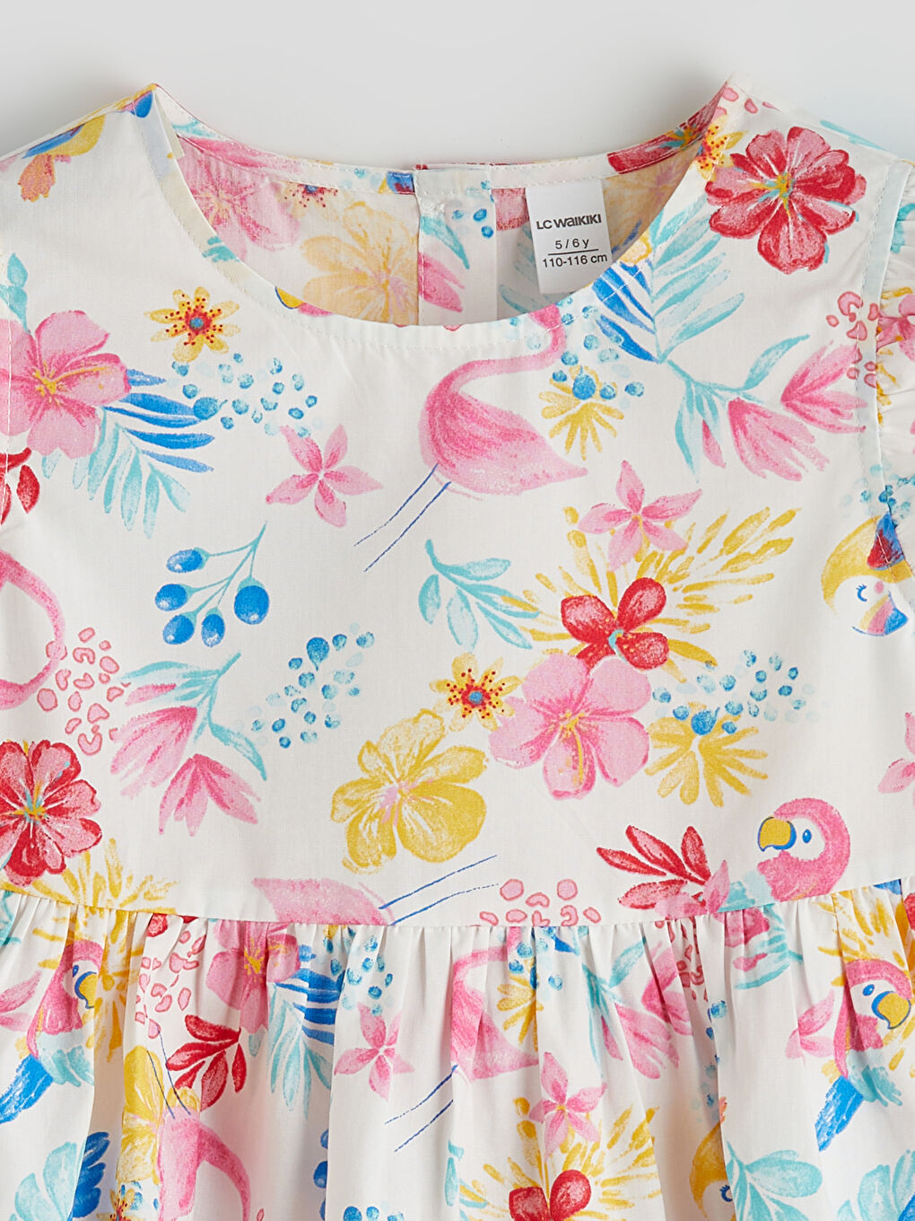 Ekru Bisiklet Yaka Çiçekli Kız Çocuk Elbise-1