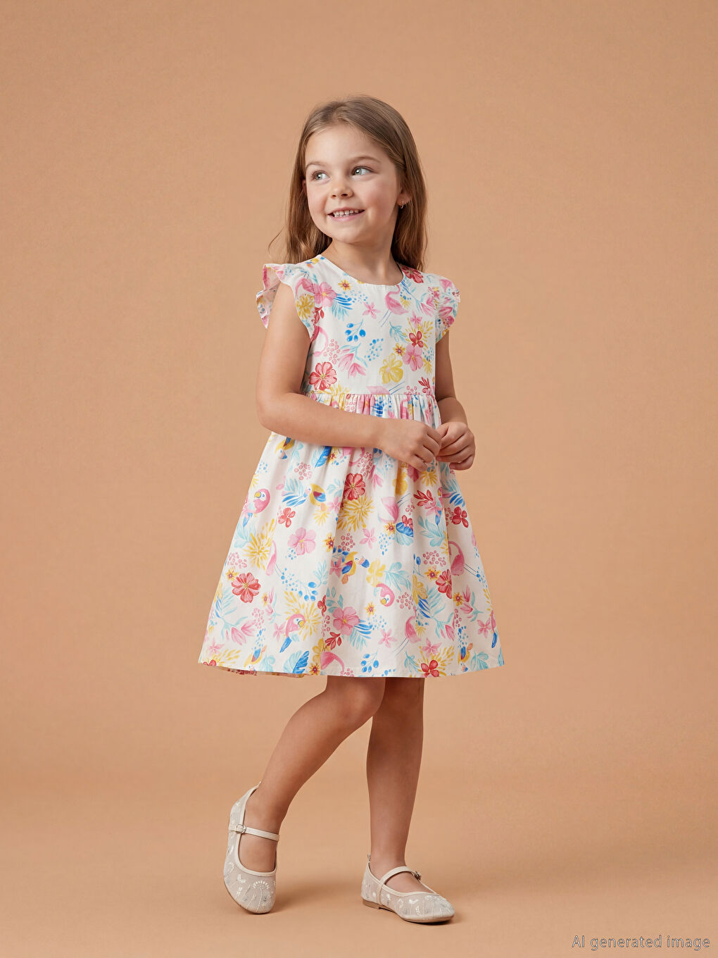 дөңгелек жағалы гүлді қыздарға арналған көйлек.