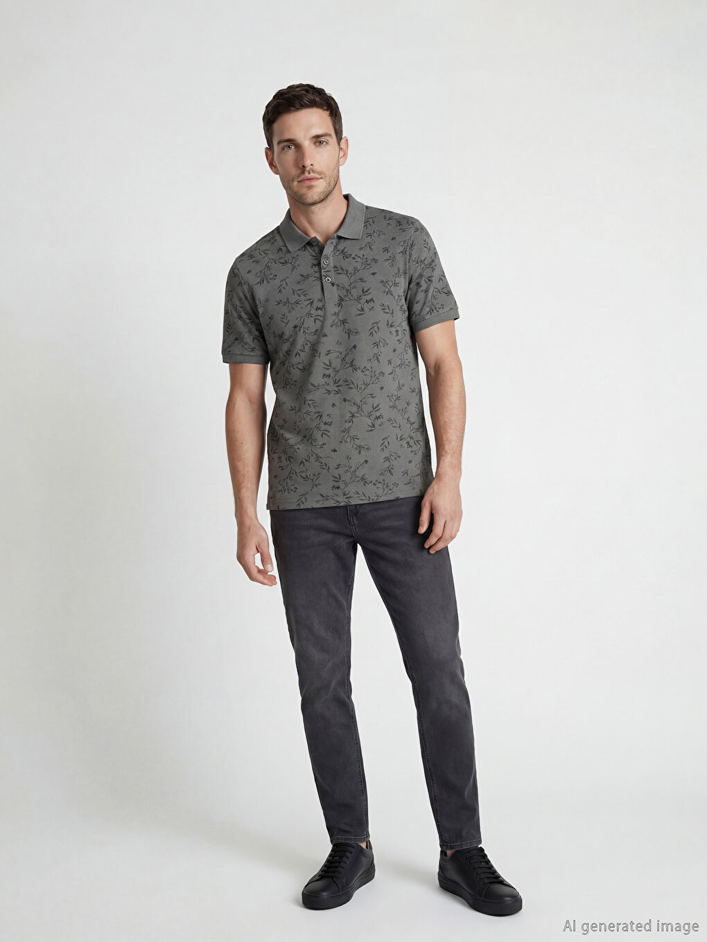 Antrasit Polo Yaka Desenli Strüktürlü Erkek Tişört-1