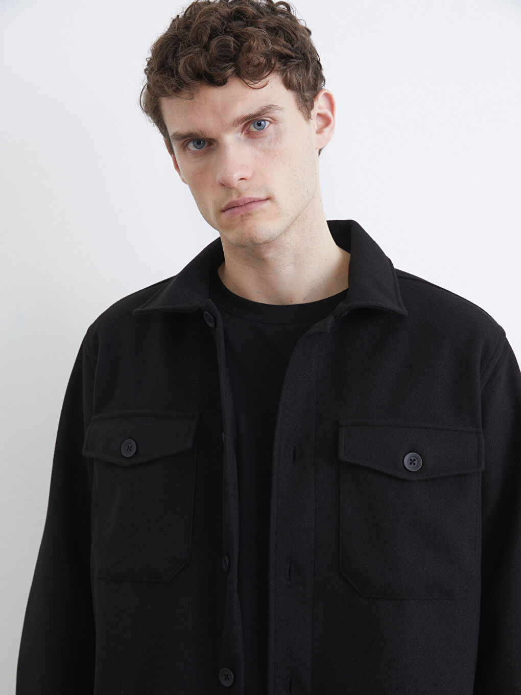 Siyah Regular Fit Erkek Kaşe Gömlek Ceket-2