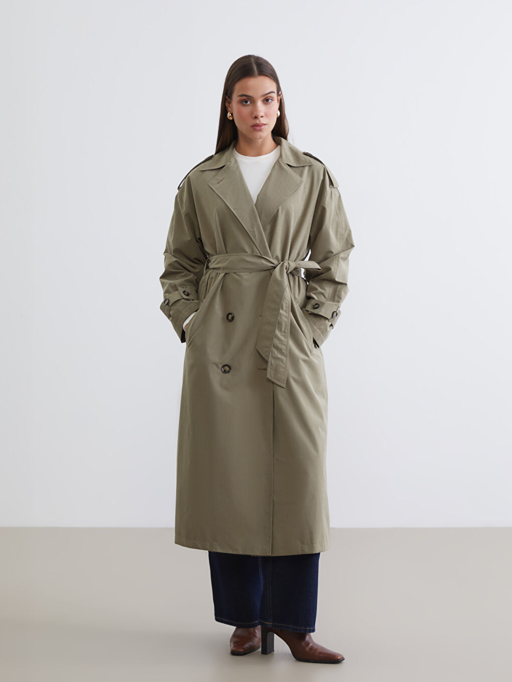 Haki Kruvaze Yaka Kadın Trençkot