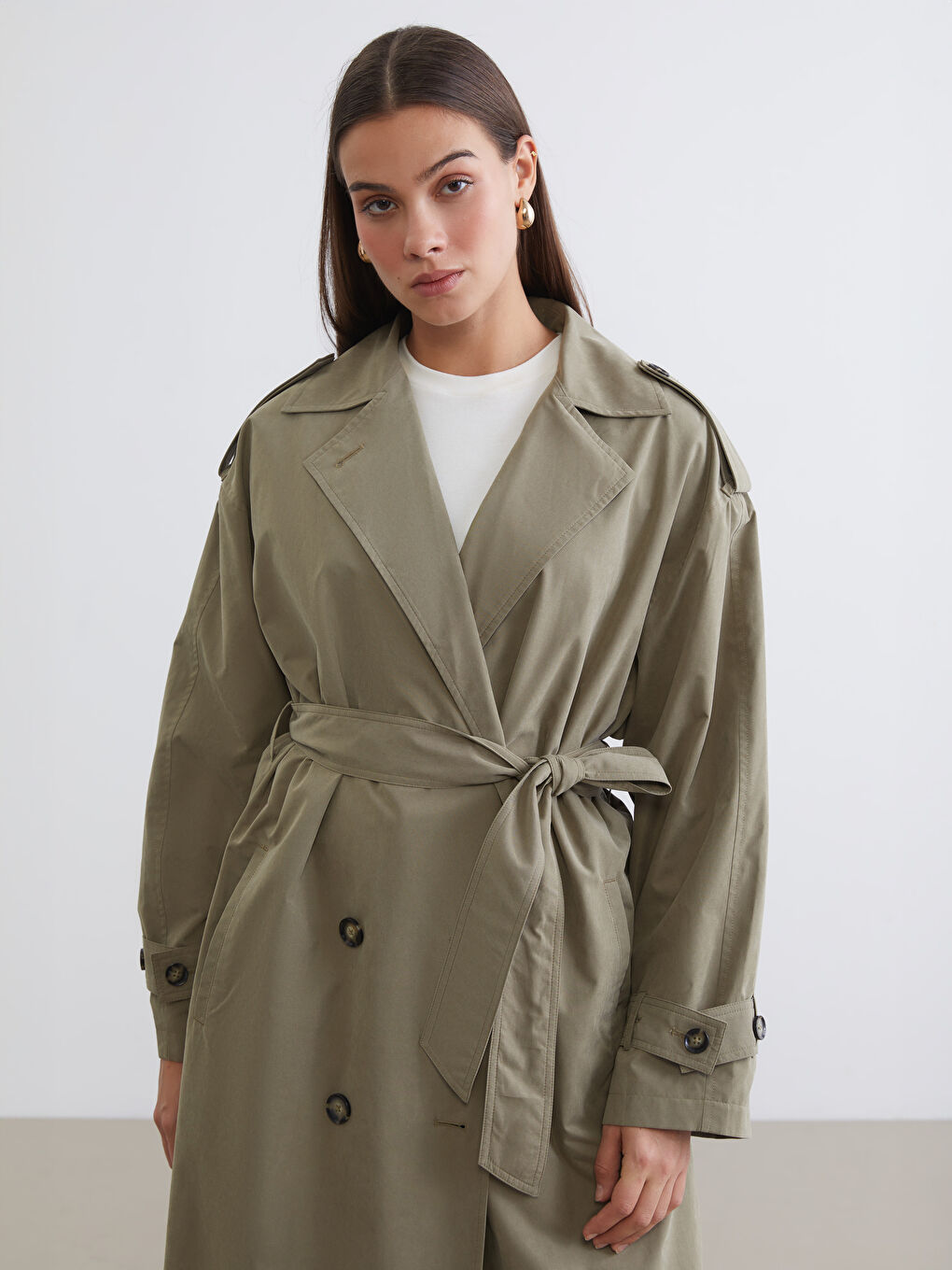 Haki Kruvaze Yaka Kadın Trençkot-1