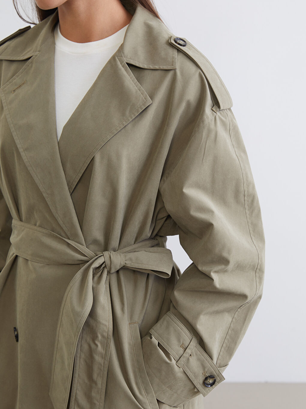 Haki Kruvaze Yaka Kadın Trençkot-2