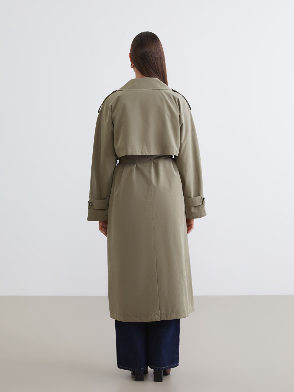 Haki Kruvaze Yaka Kadın Trençkot-4