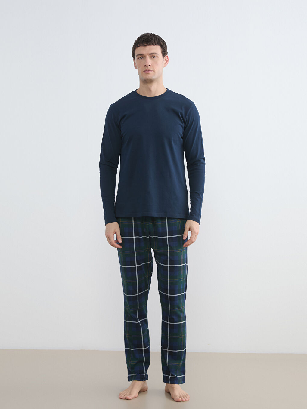 Lacivert Standart Kalıp Ekose Erkek Pijama Takımı-2