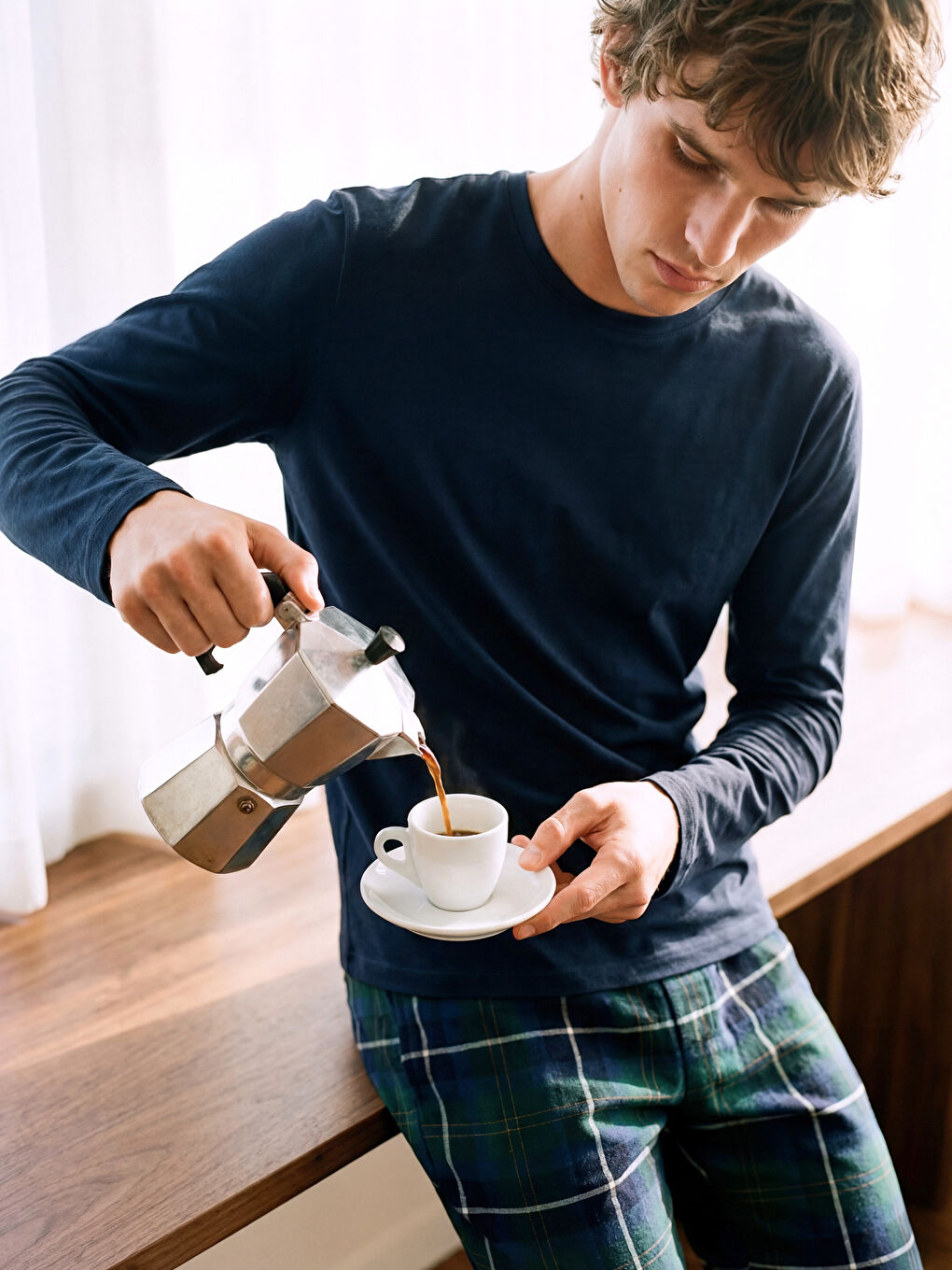 Lacivert Standart Kalıp Ekose Erkek Pijama Takımı