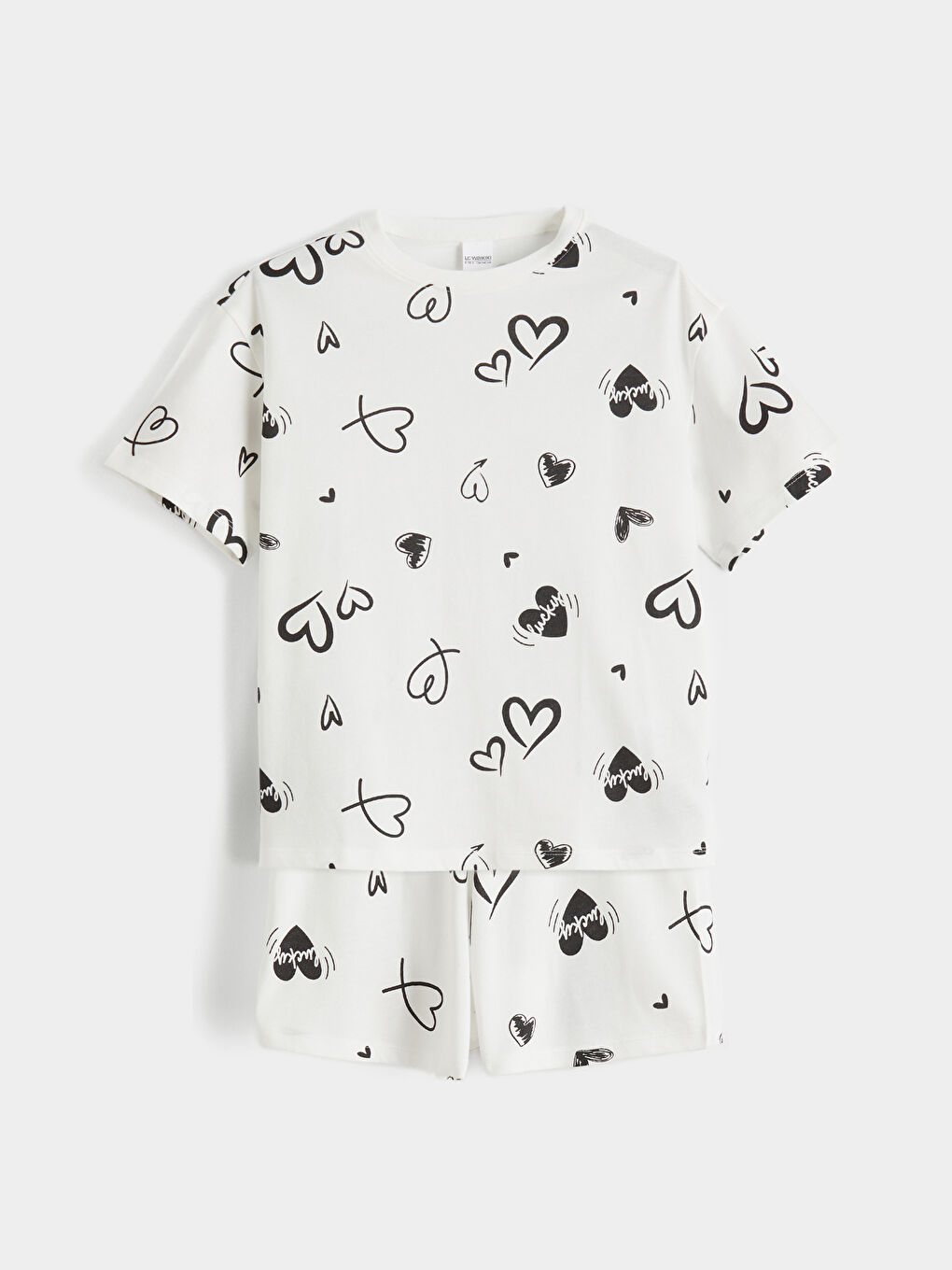 Ekru Kalp Desenli Kız Çocuk Şortlu Pijama Takımı