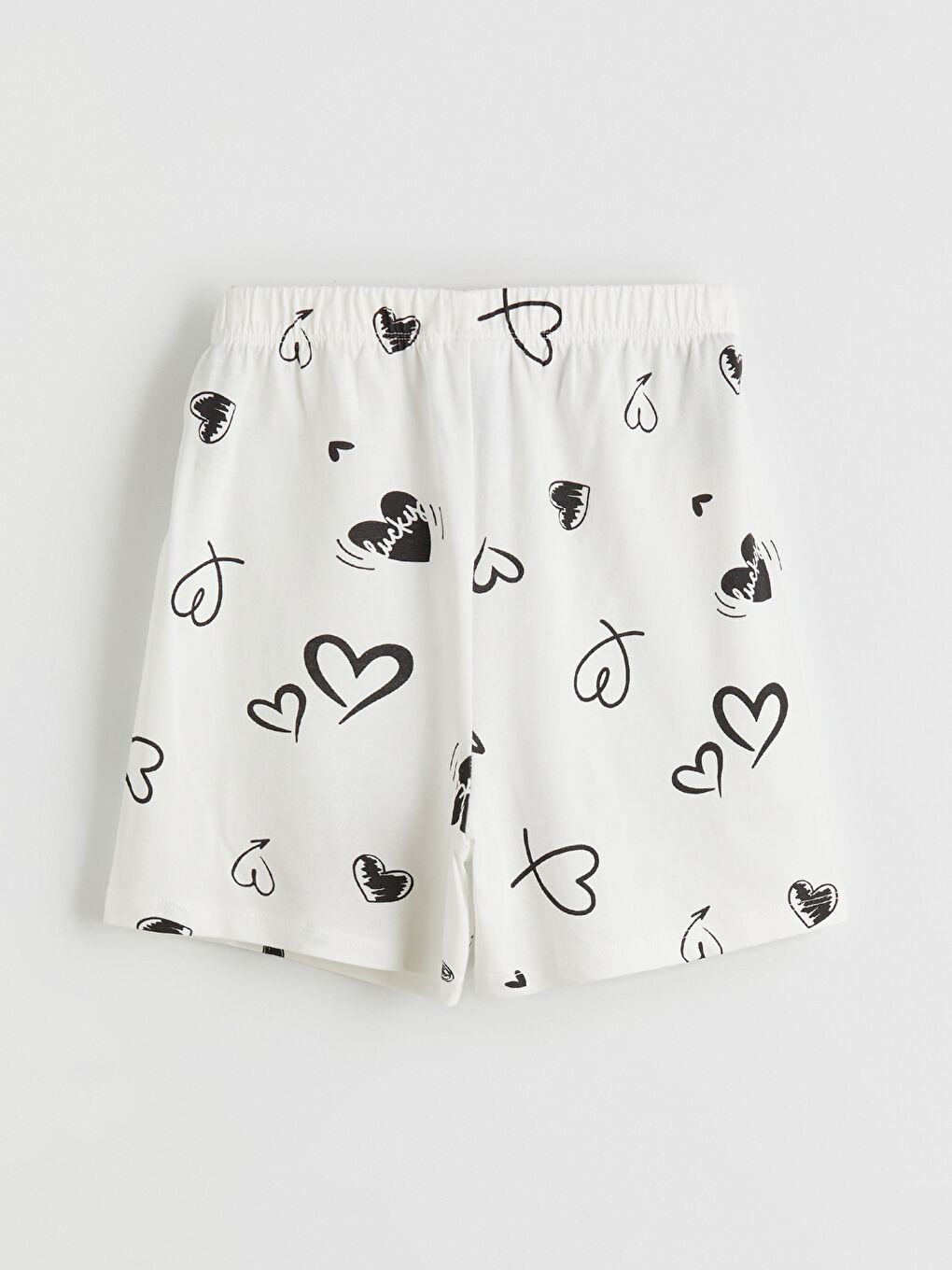 Ekru Kalp Desenli Kız Çocuk Şortlu Pijama Takımı-6