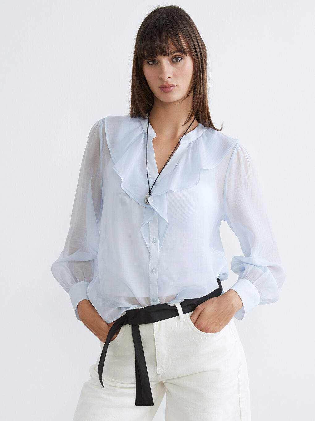 Notch Neck Frilled Chiffon Blouse