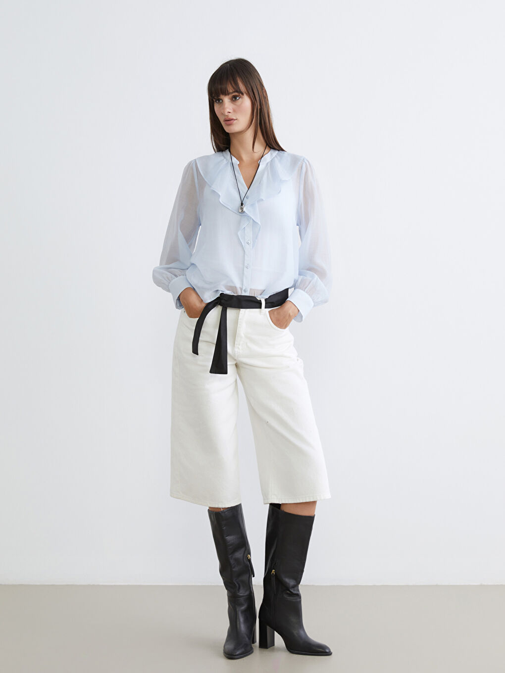 Notch Neck Frilled Chiffon Blouse-1