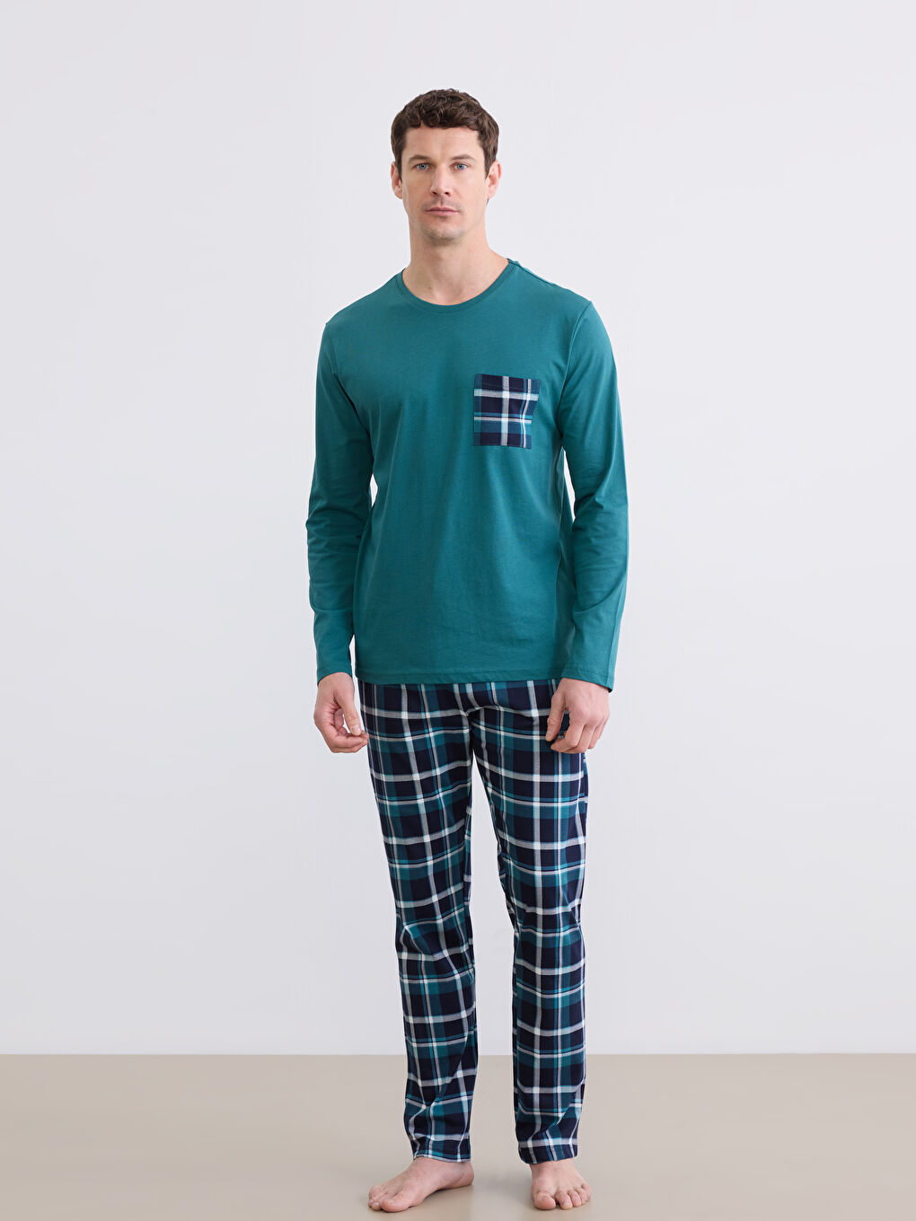 Petrol Standart Kalıp Ekose Erkek Pijama Takımı