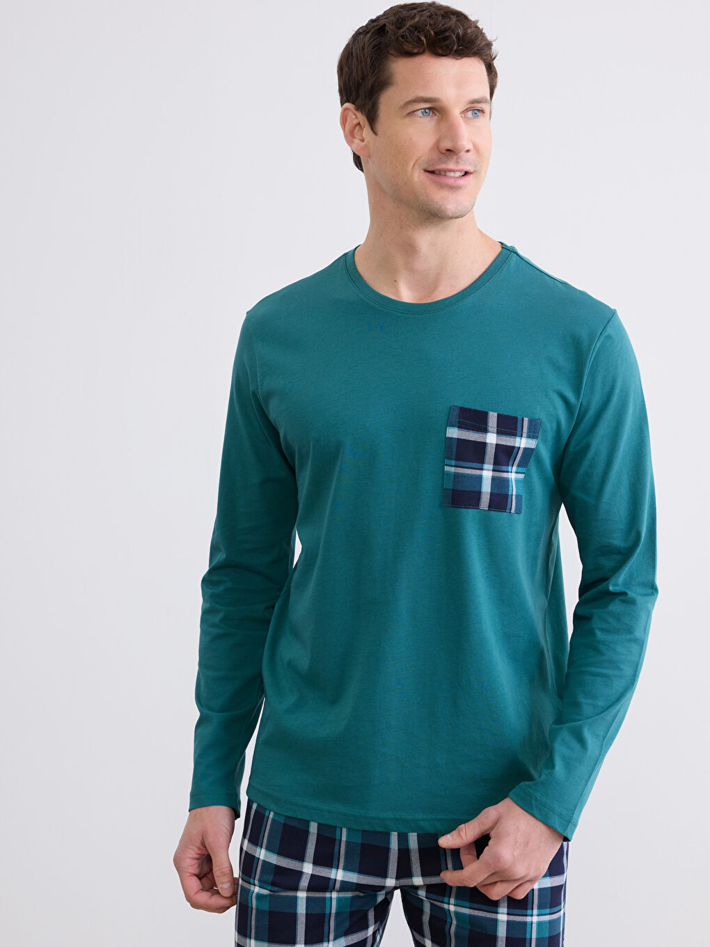 Petrol Standart Kalıp Ekose Erkek Pijama Takımı-1