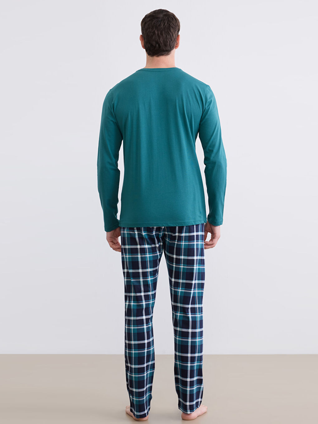 Petrol Standart Kalıp Ekose Erkek Pijama Takımı-4
