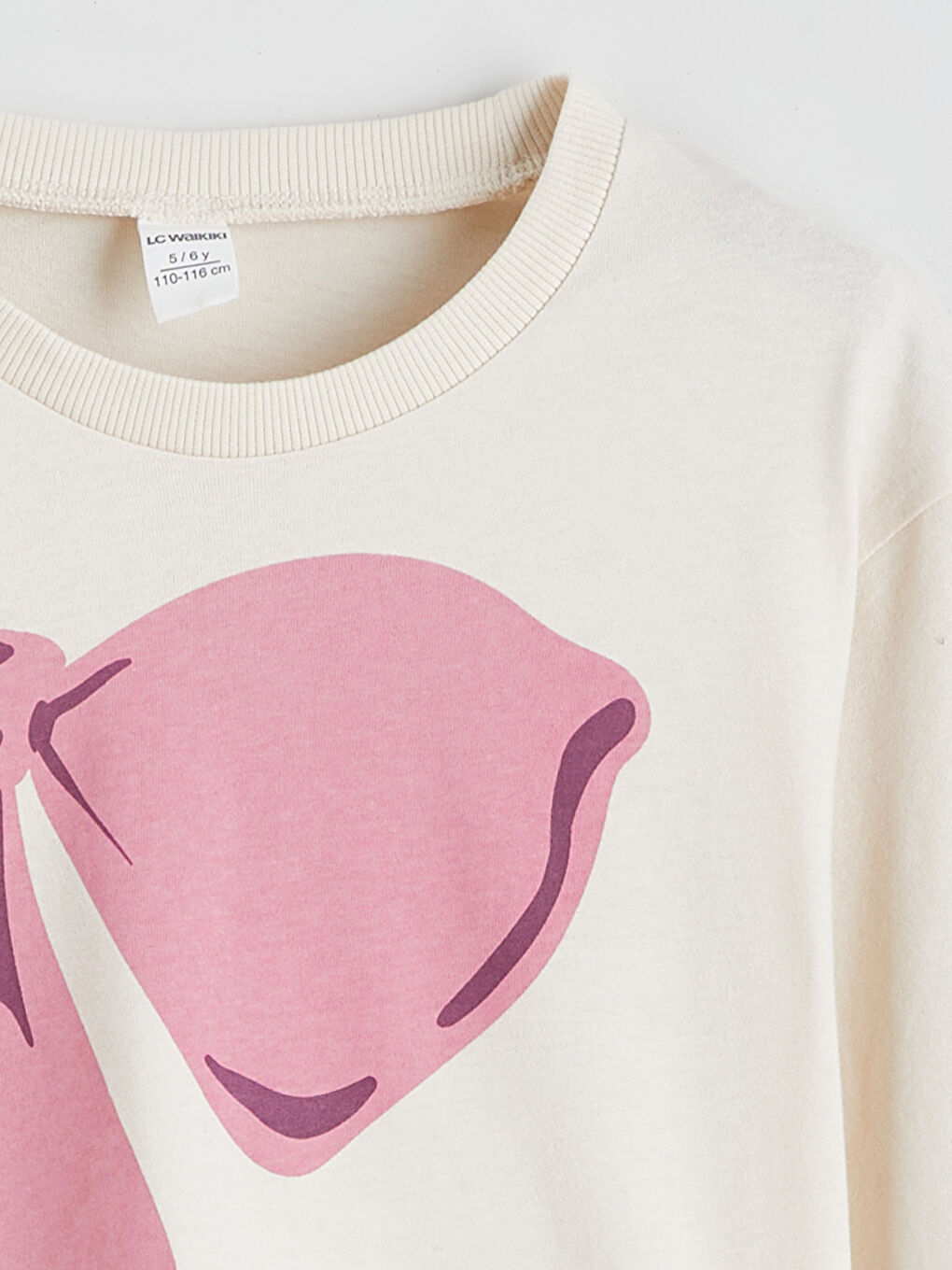 Bej Bisiklet Yaka Fiyonk Baskılı Kız Çocuk Tişört-1