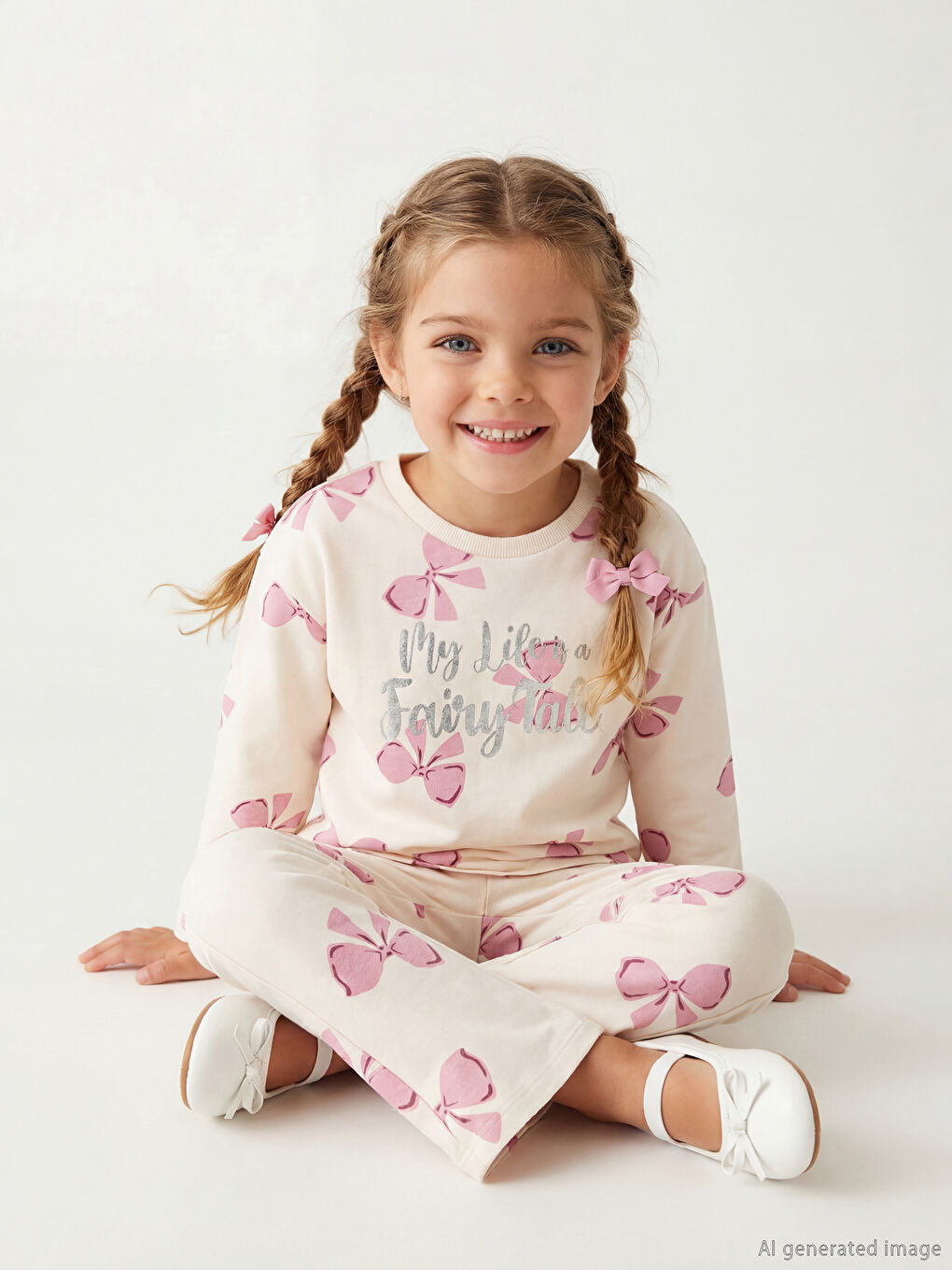 Girl's Crew Neck T-shirt with Bow Print