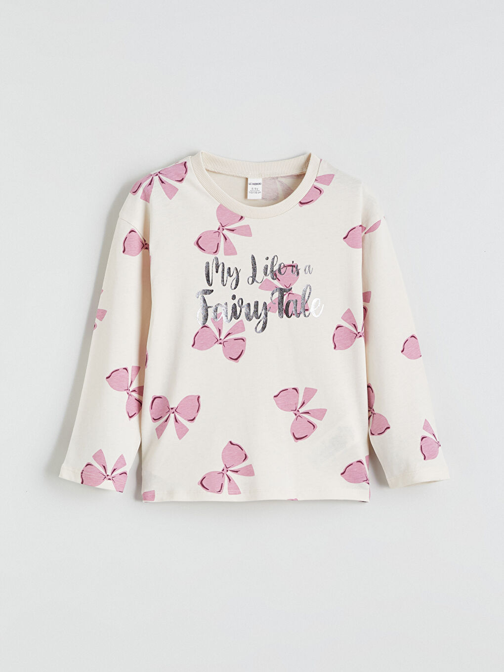 Ekru Bisiklet Yaka Fiyonk Baskılı Kız Çocuk Tişört