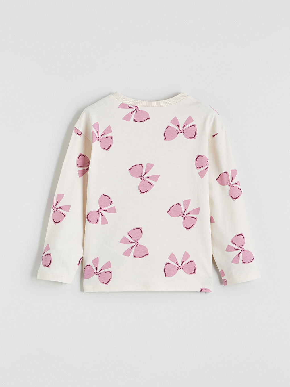 Ekru Bisiklet Yaka Fiyonk Baskılı Kız Çocuk Tişört-2