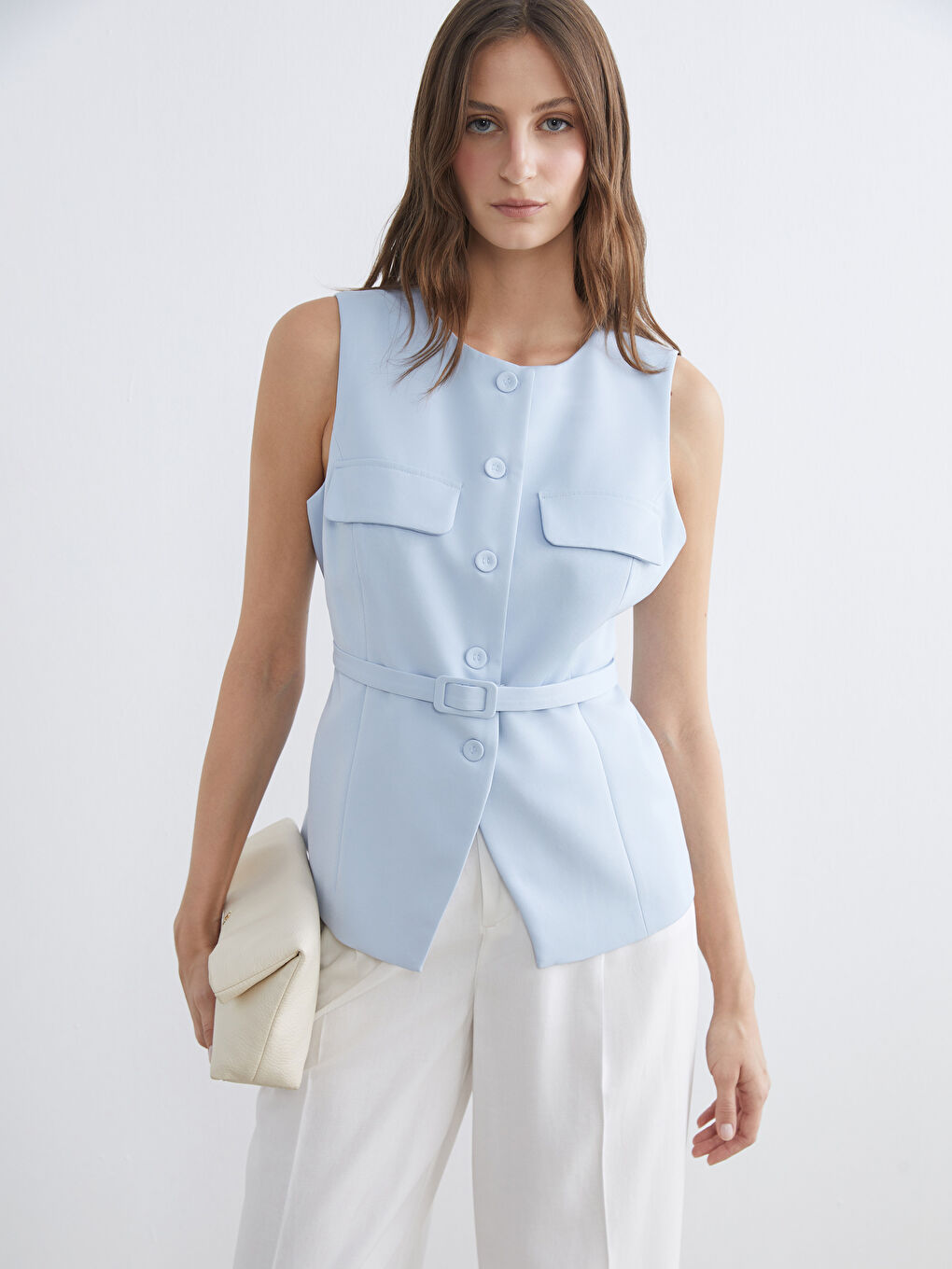 Belted Classic Women's Vest with a Crew Neck