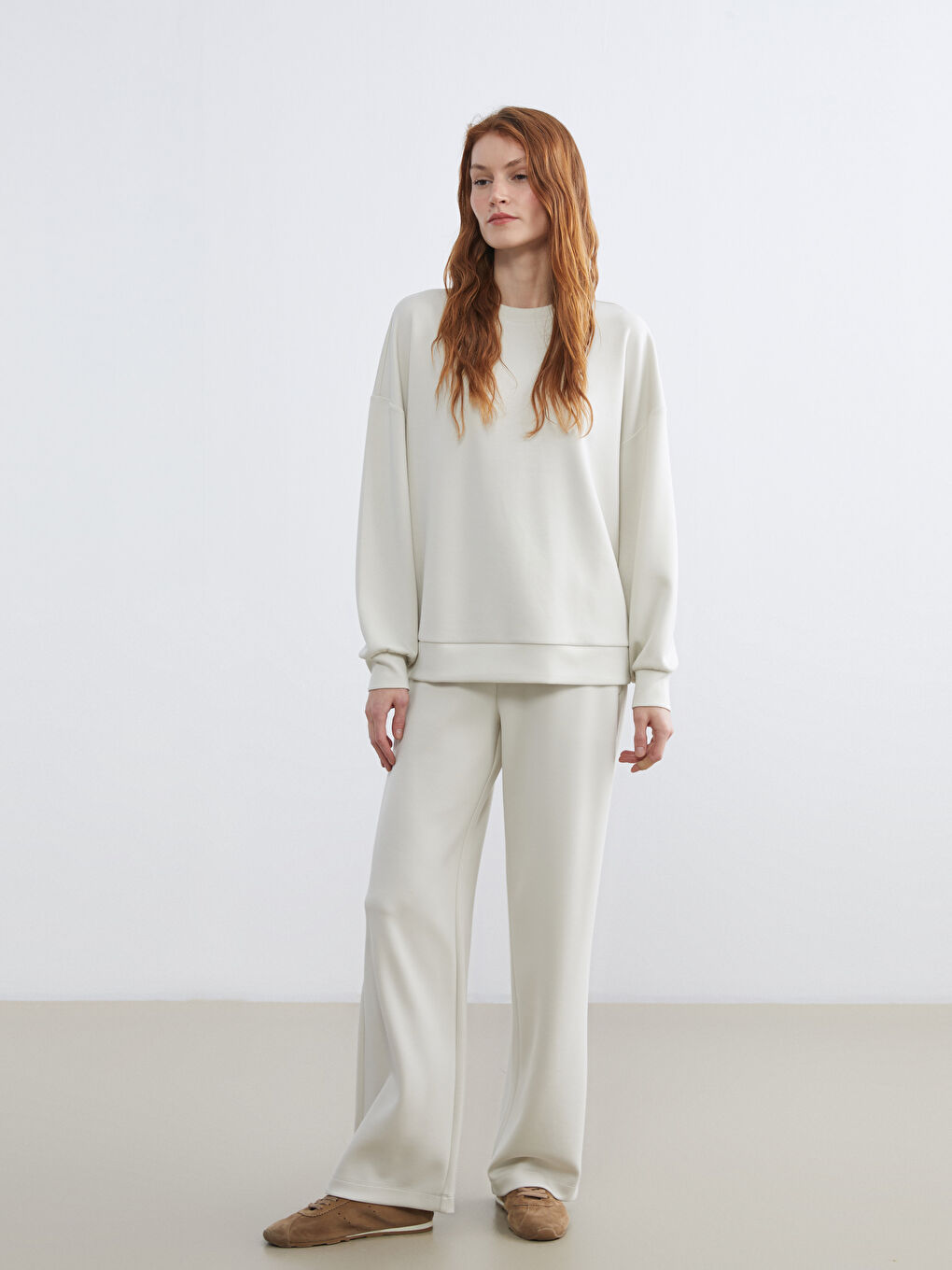 Bej Geniş Paça Soft Touch Kadın Eşofman Altı