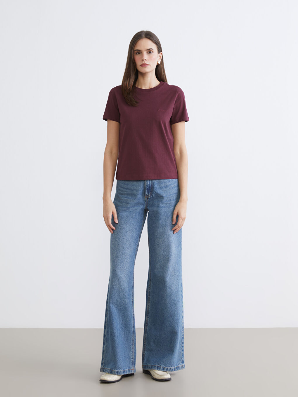 Mürdüm Bisiklet Yaka Kadın Tişört-1