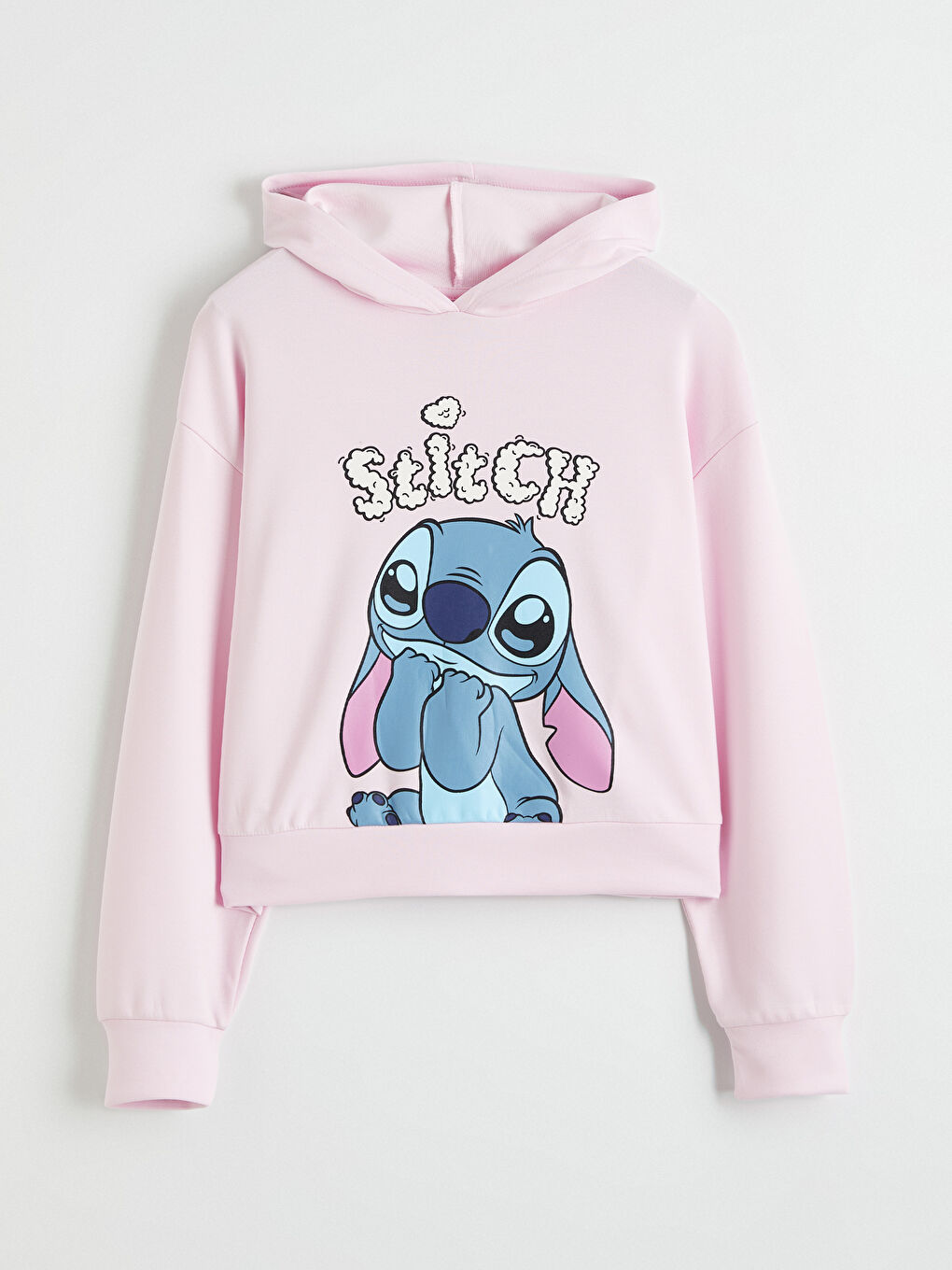 Pembe Kapüşonlu Stitch Baskılı Kız Çocuk Sweatshirt