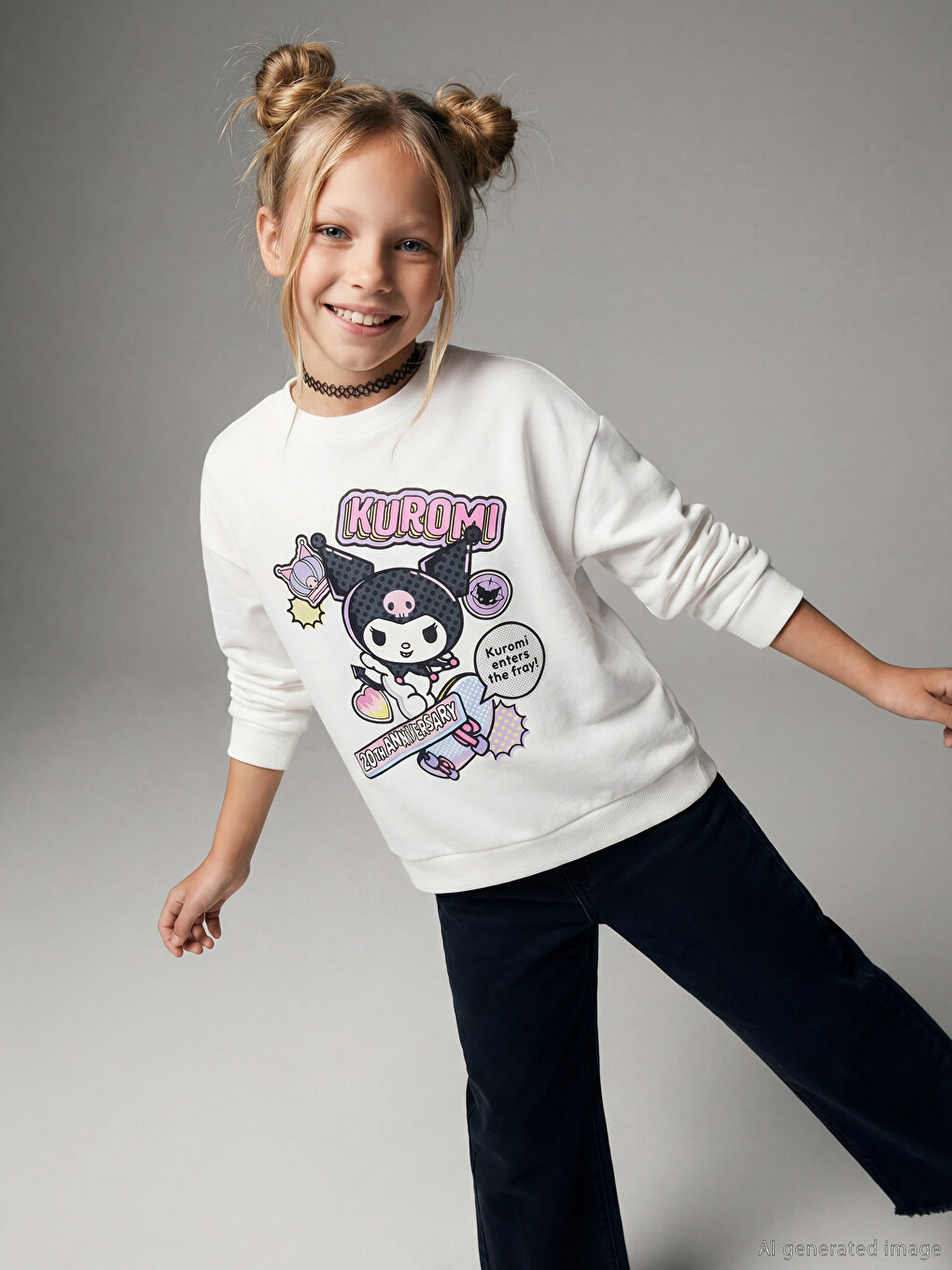 Ekru Bisiklet Yaka Kuromi Baskılı Kız Çocuk Sweatshirt