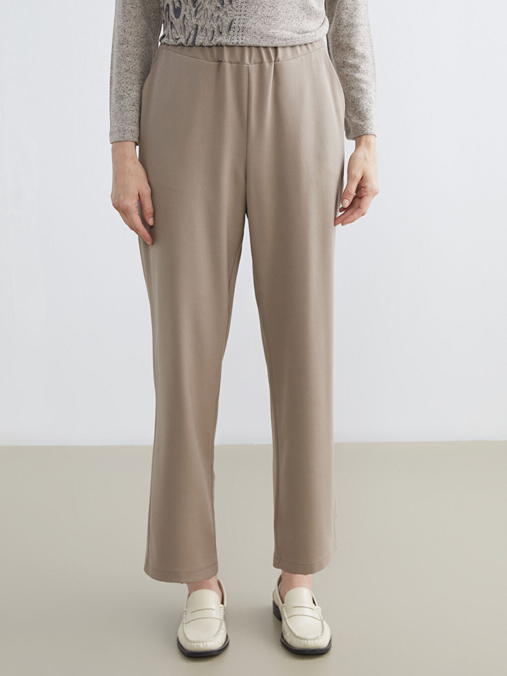 Bej Beli Lastikli Kadın Pantolon-1