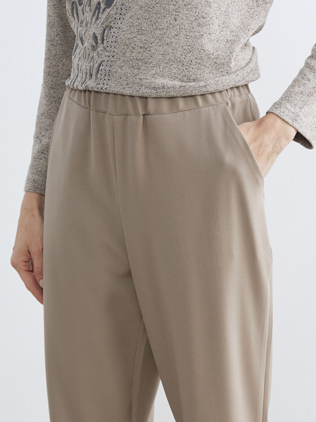 Bej Beli Lastikli Kadın Pantolon-2