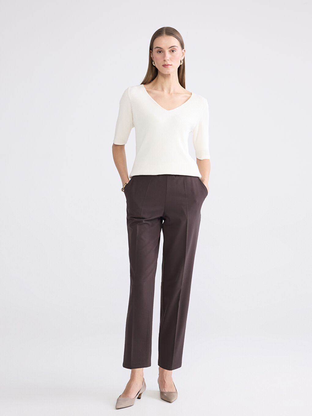 Kahverengi Beli Lastikli Kadın Pantolon