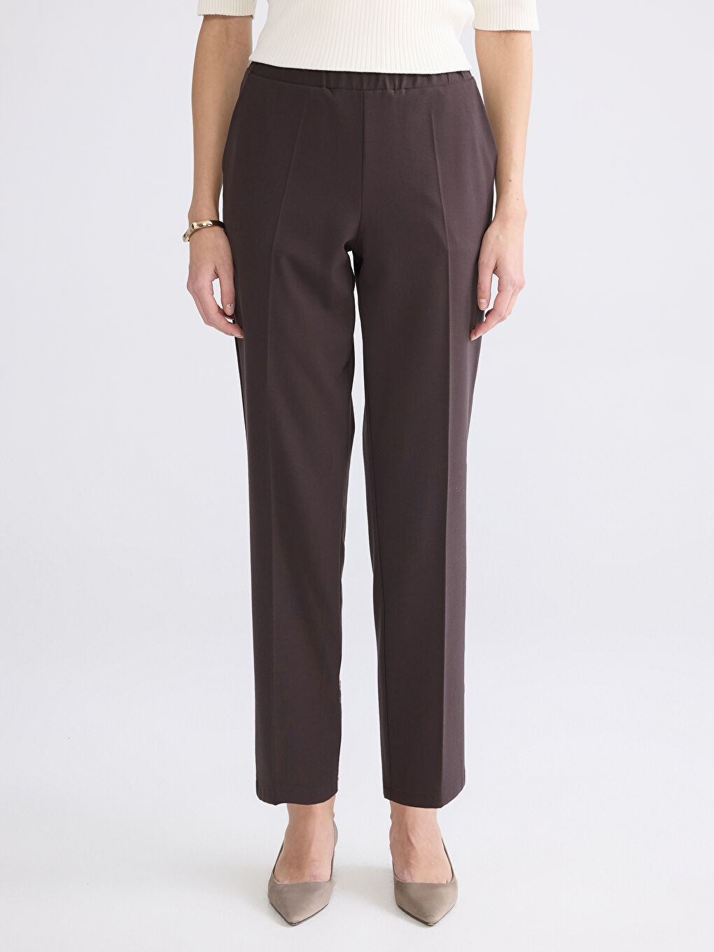 Kahverengi Beli Lastikli Kadın Pantolon-1