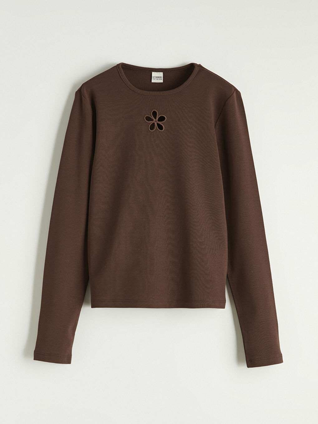 Kahverengi Bisiklet Yaka Çiçek Nakışlı Kız Çocuk Tişört