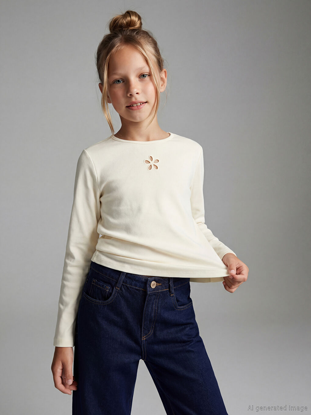 Girls' T-shirt with a round neck and floral details.