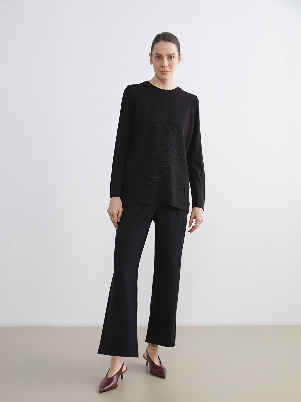 Siyah Beli Lastikli Geniş Paça Kadın Pantolon