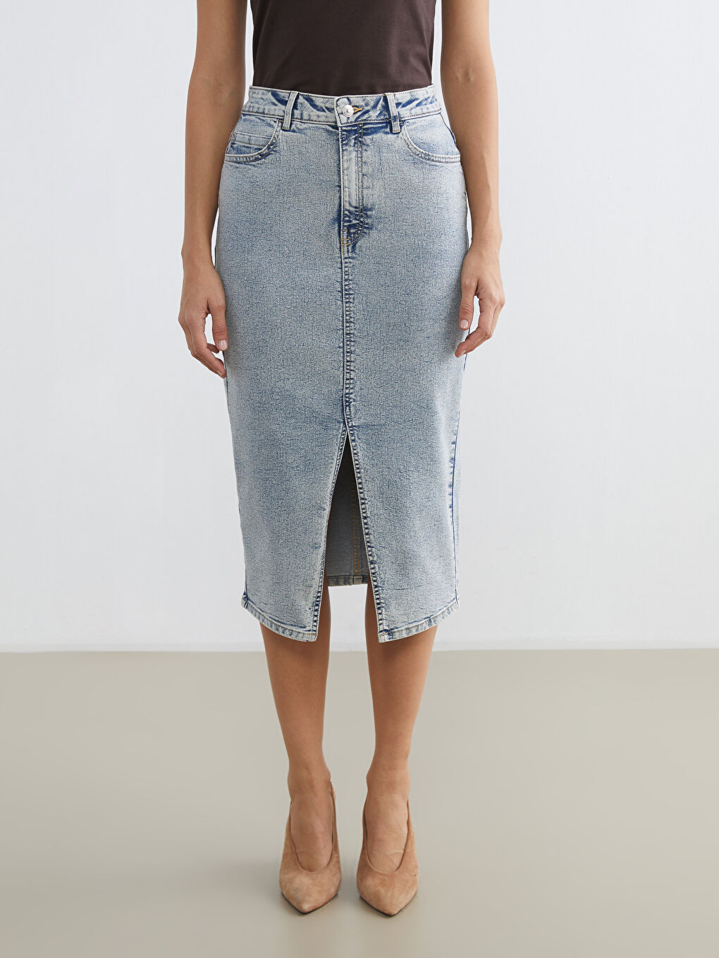 High Waisted Slim Fit Slit Denim Skirt-1