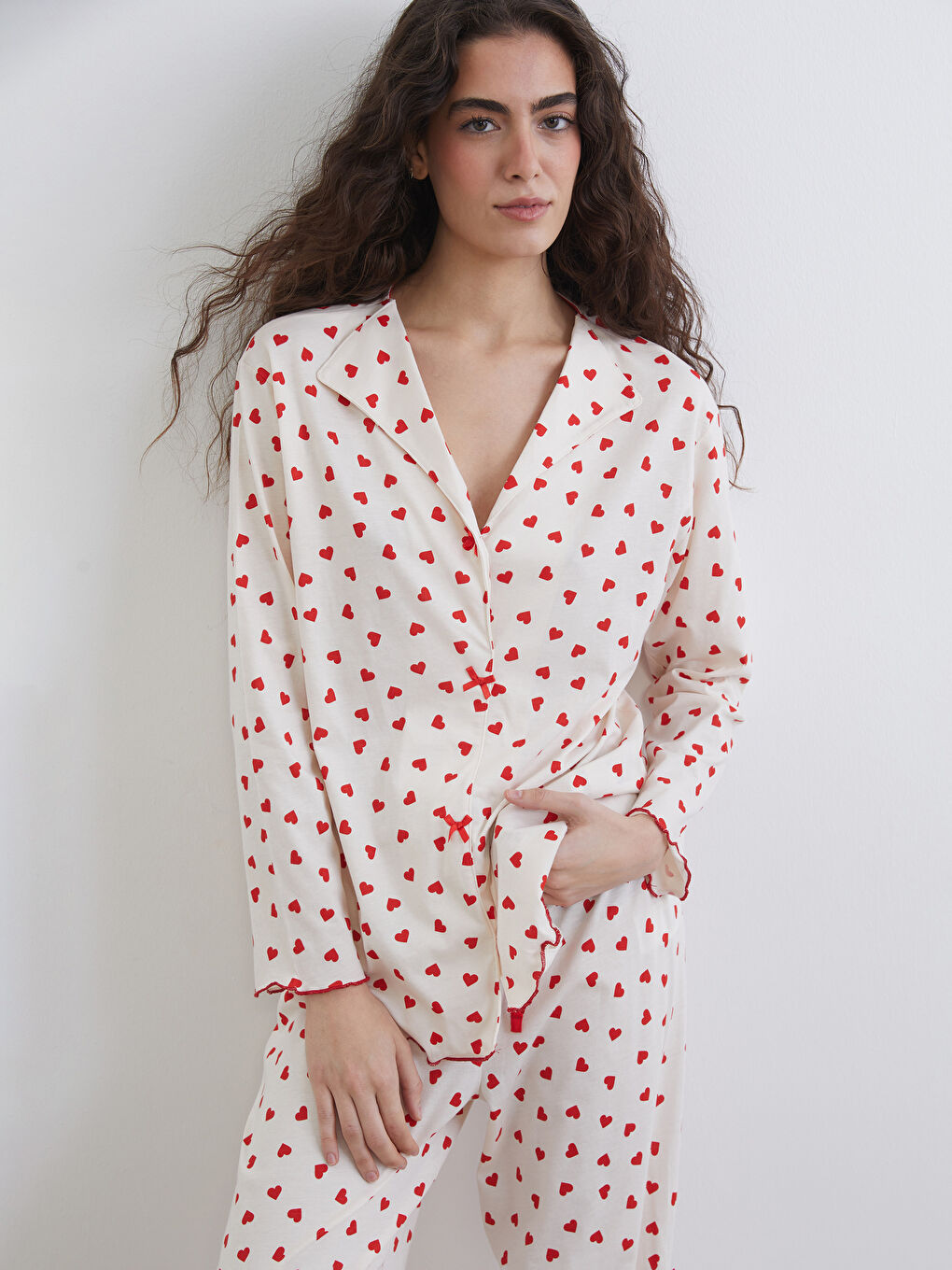 Ekru Gömlek Yaka Baskılı Hamile Pijama Takımı