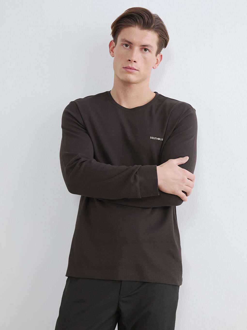 Kahverengi Bisiklet Yaka Erkek Sweatshirt