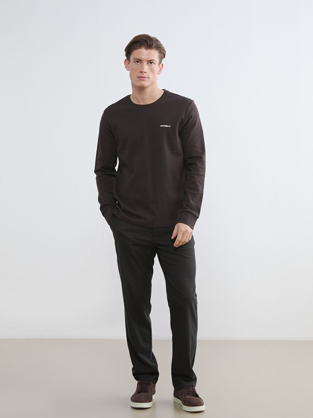 Kahverengi Bisiklet Yaka Erkek Sweatshirt-1