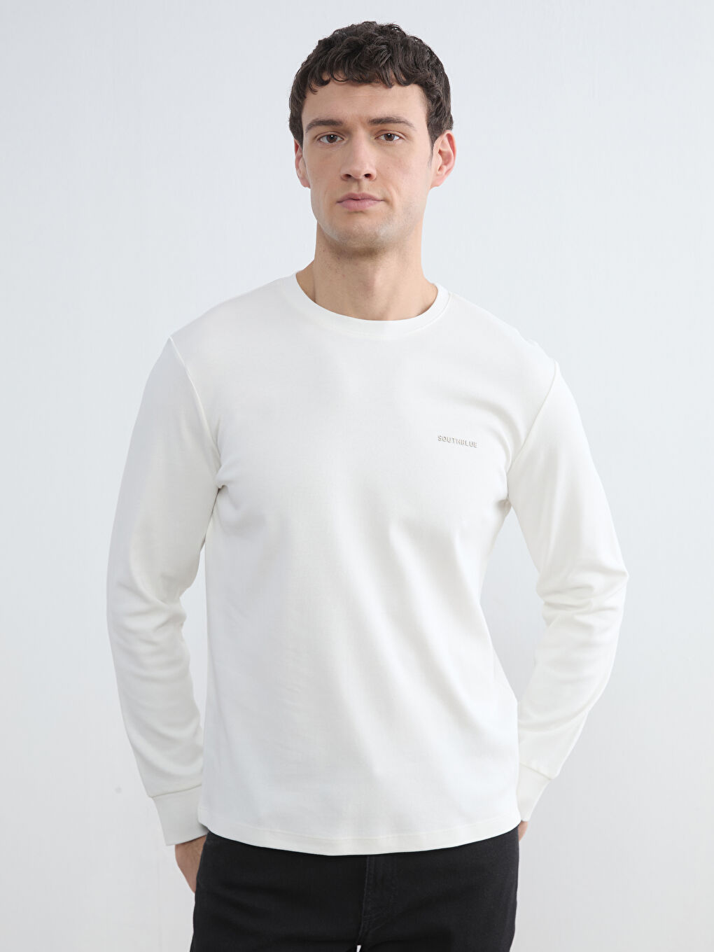 Ekru Bisiklet Yaka Erkek Sweatshirt