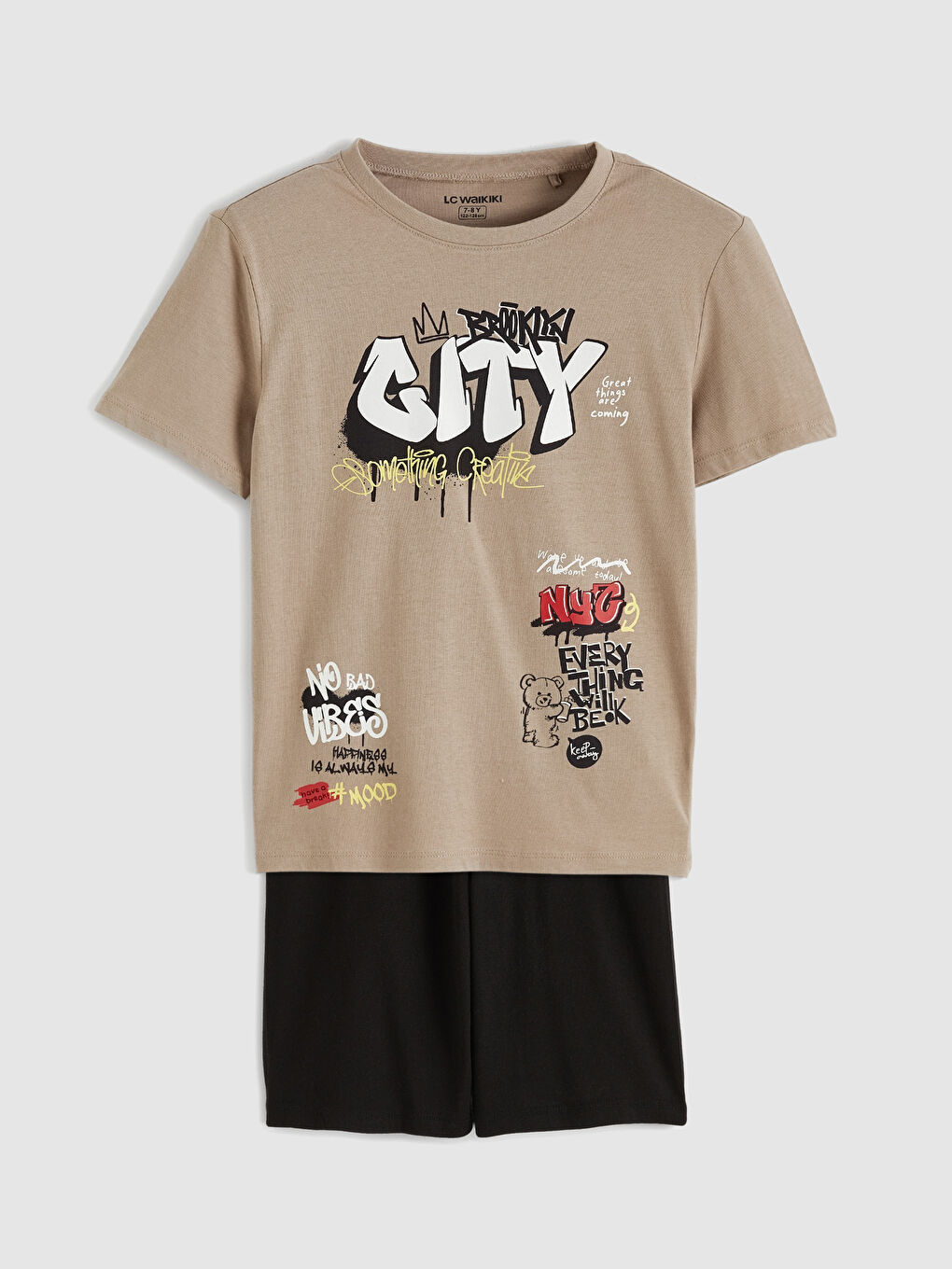 Kahverengi Grafiti Baskılı Erkek Çocuk Şortlu Pijama Takımı