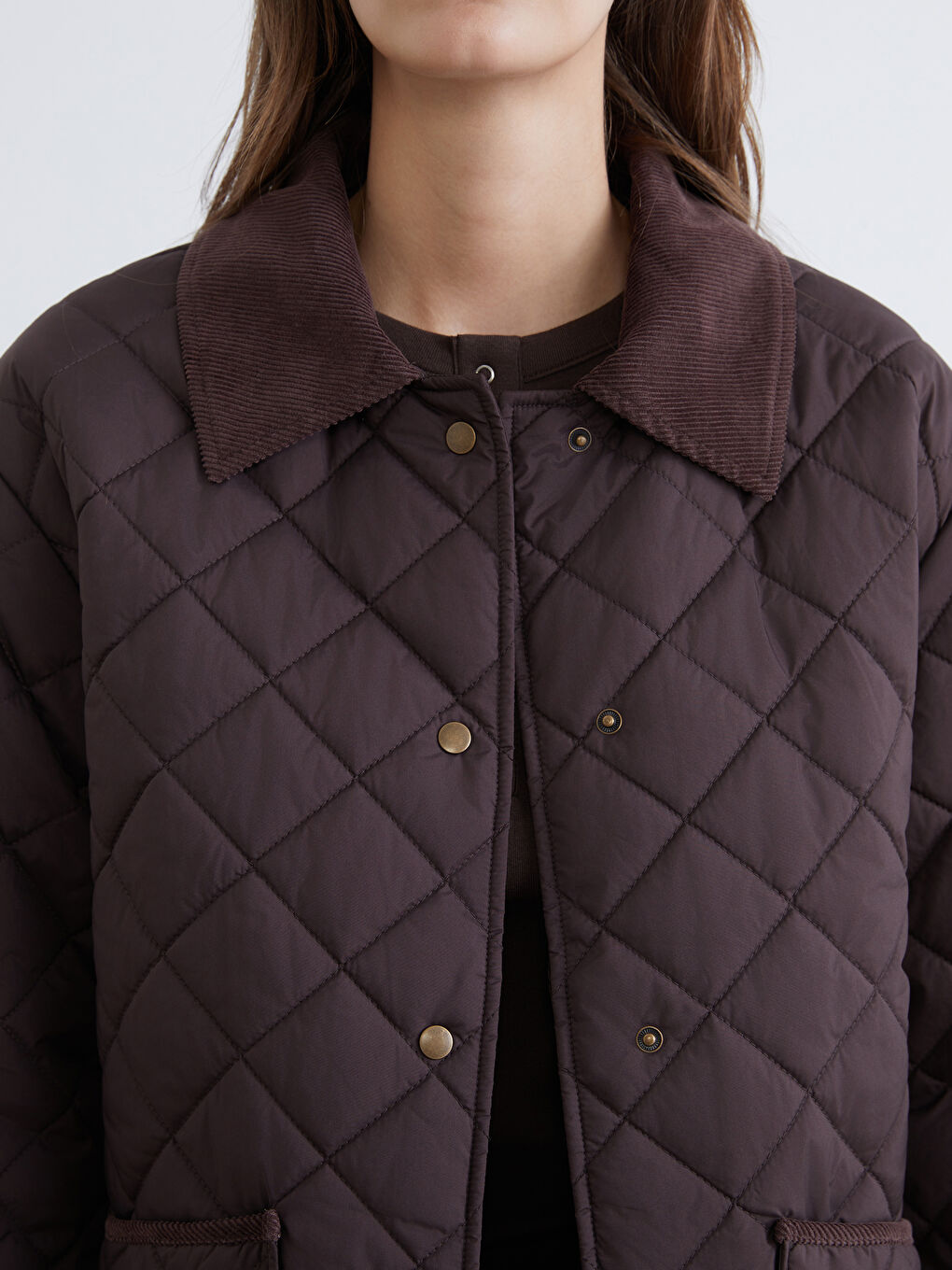 Kahverengi Kadife Gömlek Yaka Kapitone Kadın Şişme Mont-2