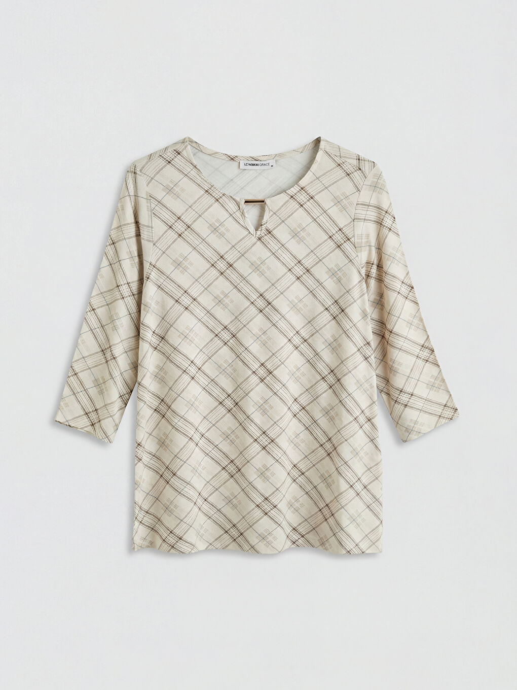 Bej Bisiklet Yaka Desenli Bluz-4