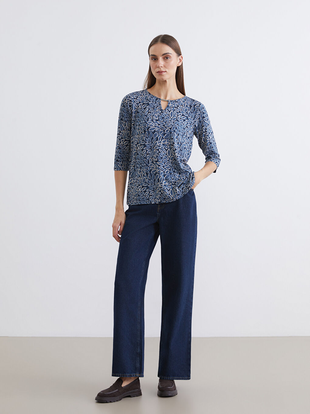 Lacivert Bisiklet Yaka Desenli Bluz-1