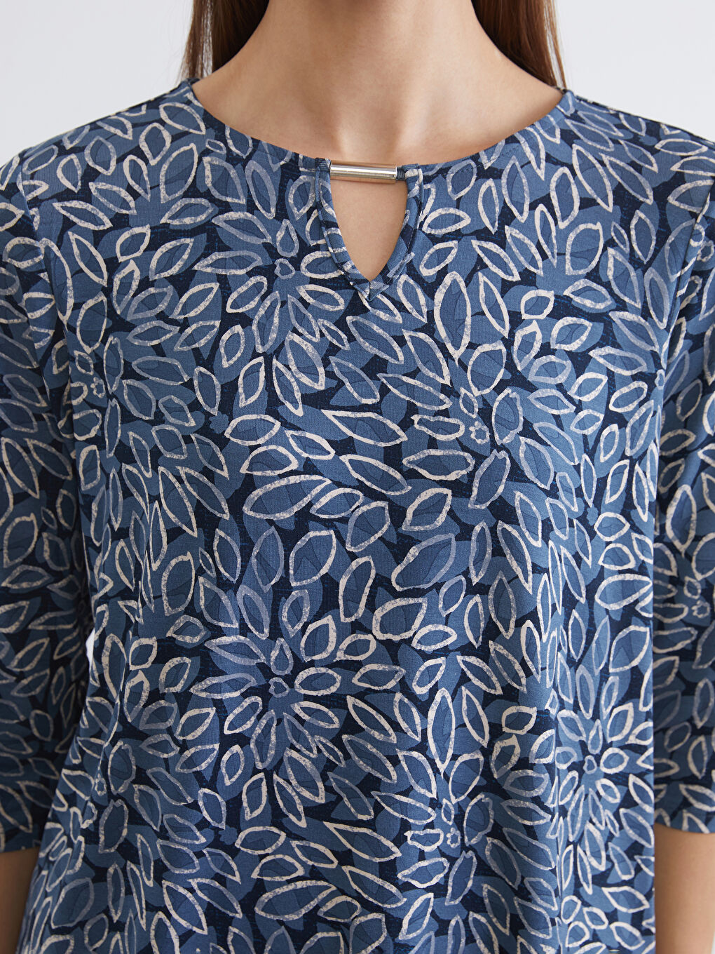 Lacivert Bisiklet Yaka Desenli Bluz-2