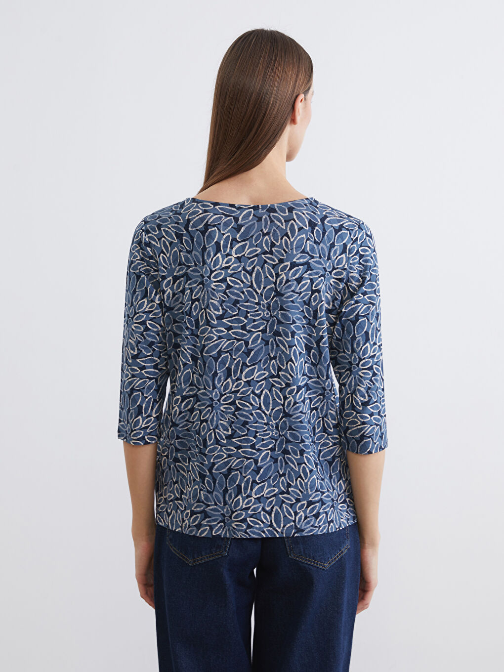 Lacivert Bisiklet Yaka Desenli Bluz-3