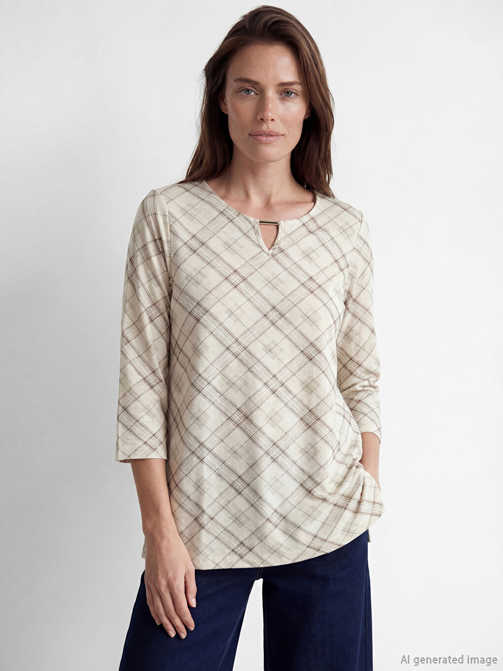 Bej Bisiklet Yaka Desenli Bluz